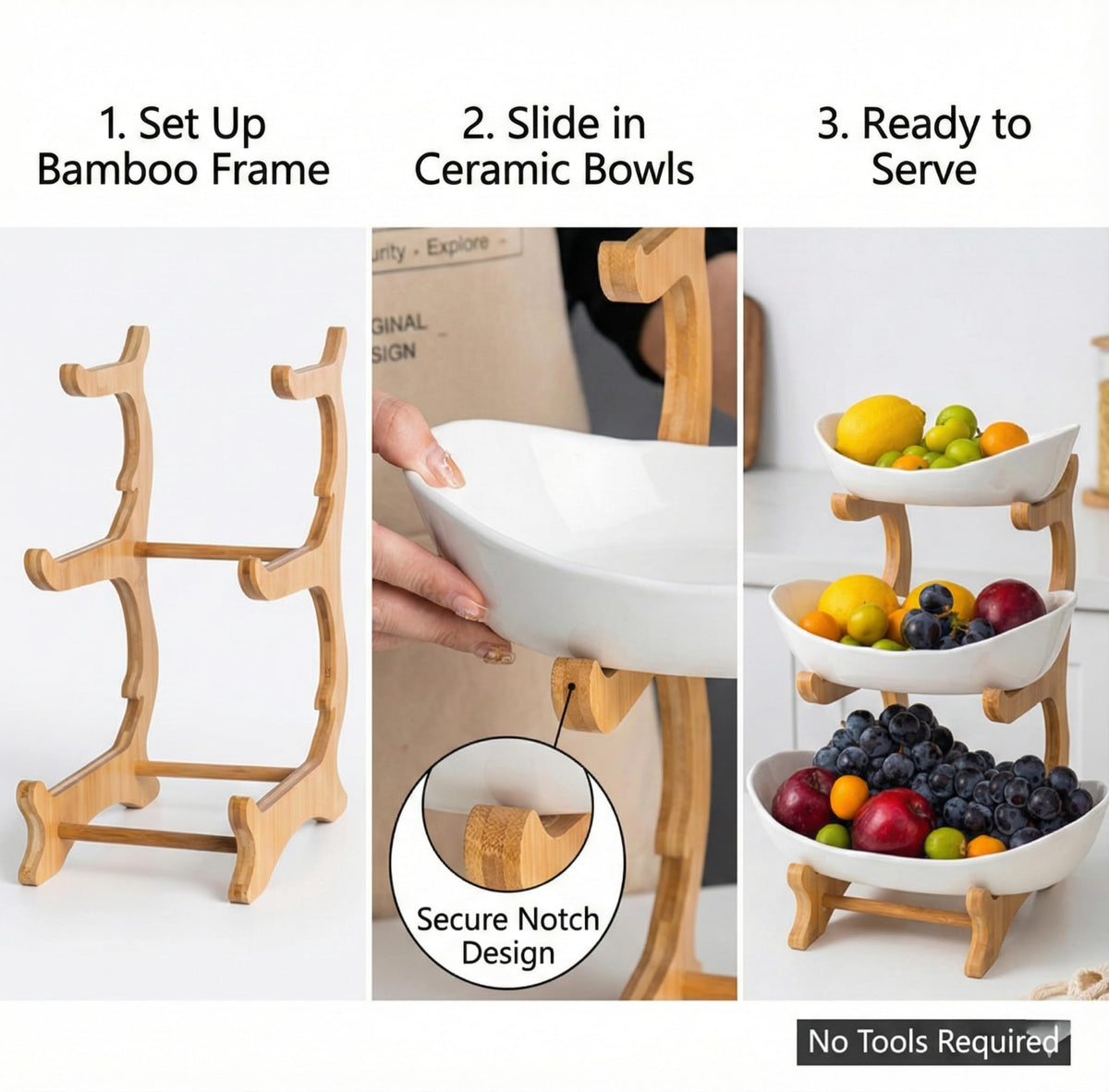 3 Tier Ceramic Fruit Bowls with Wooden Stand T355