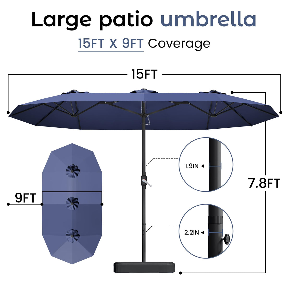 15ft Navy Blue Double-Sided Patio Umbrella with Base R733