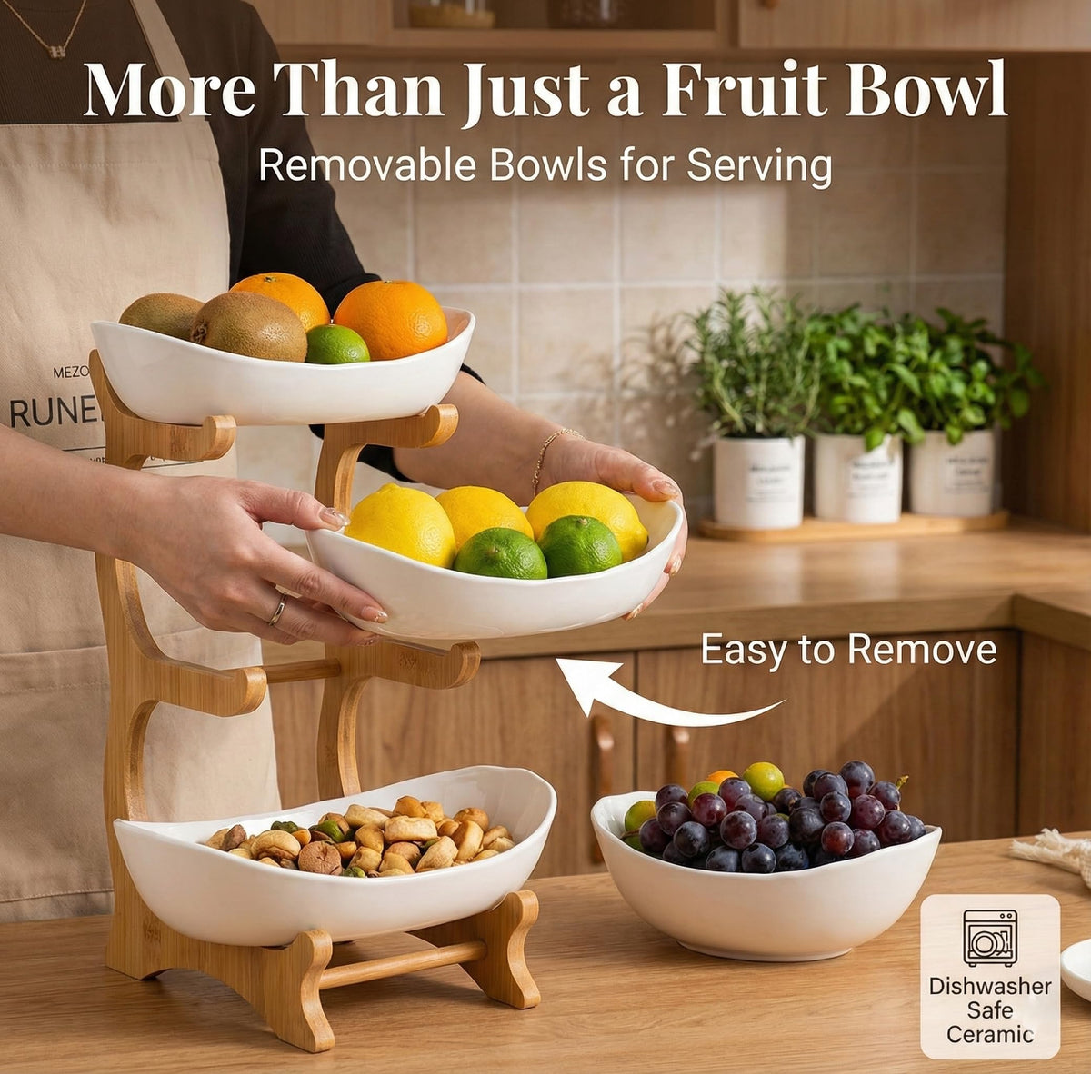 3 Tier Ceramic Fruit Bowls with Wooden Stand T355