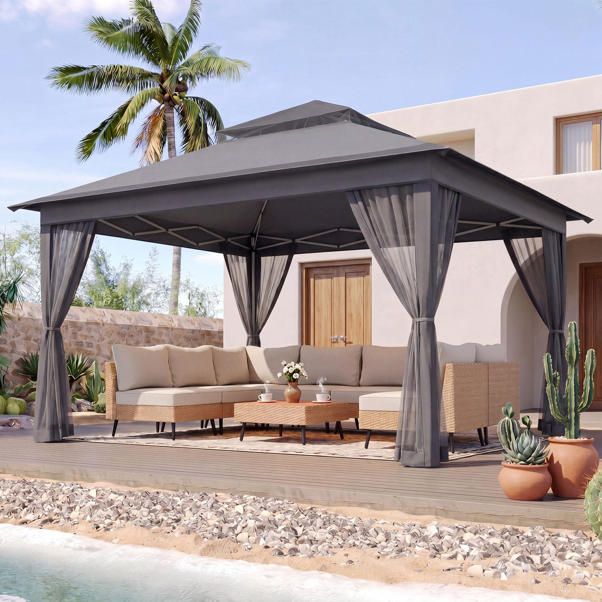 12x12 Pop Up Gazebo with Mosquito Netting and Sidewalls Grey Q1248
