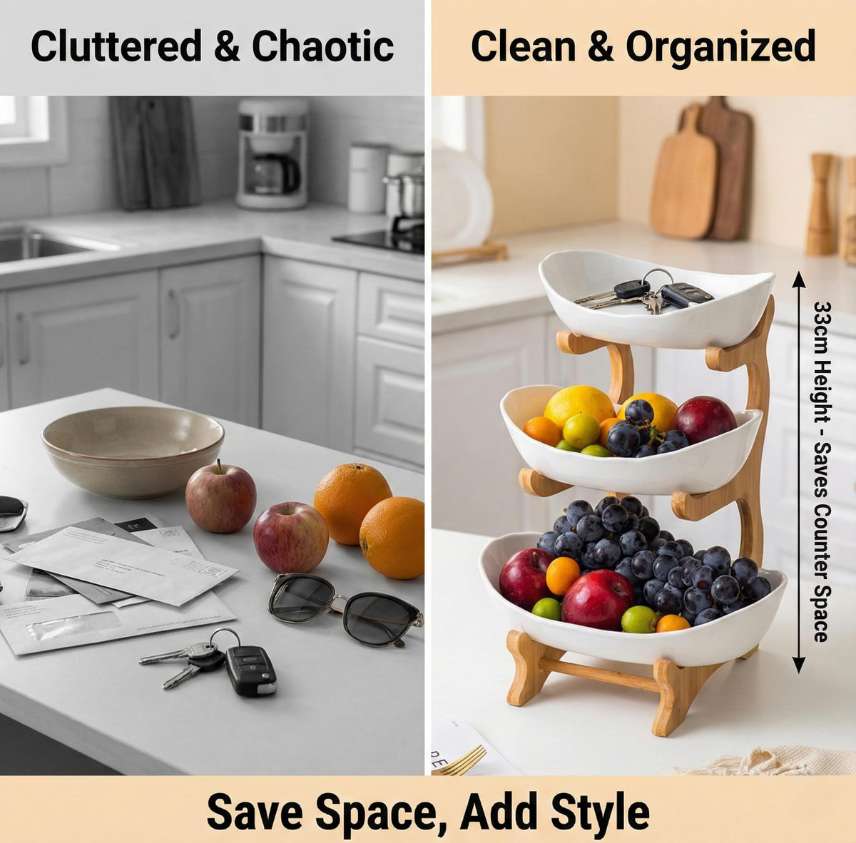 3 Tier Ceramic Fruit Bowls with Wooden Stand T355