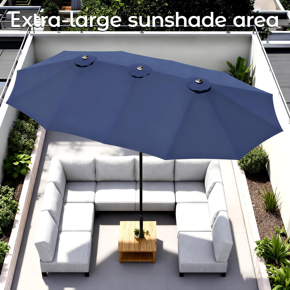 15ft Navy Blue Double-Sided Patio Umbrella with Base R733
