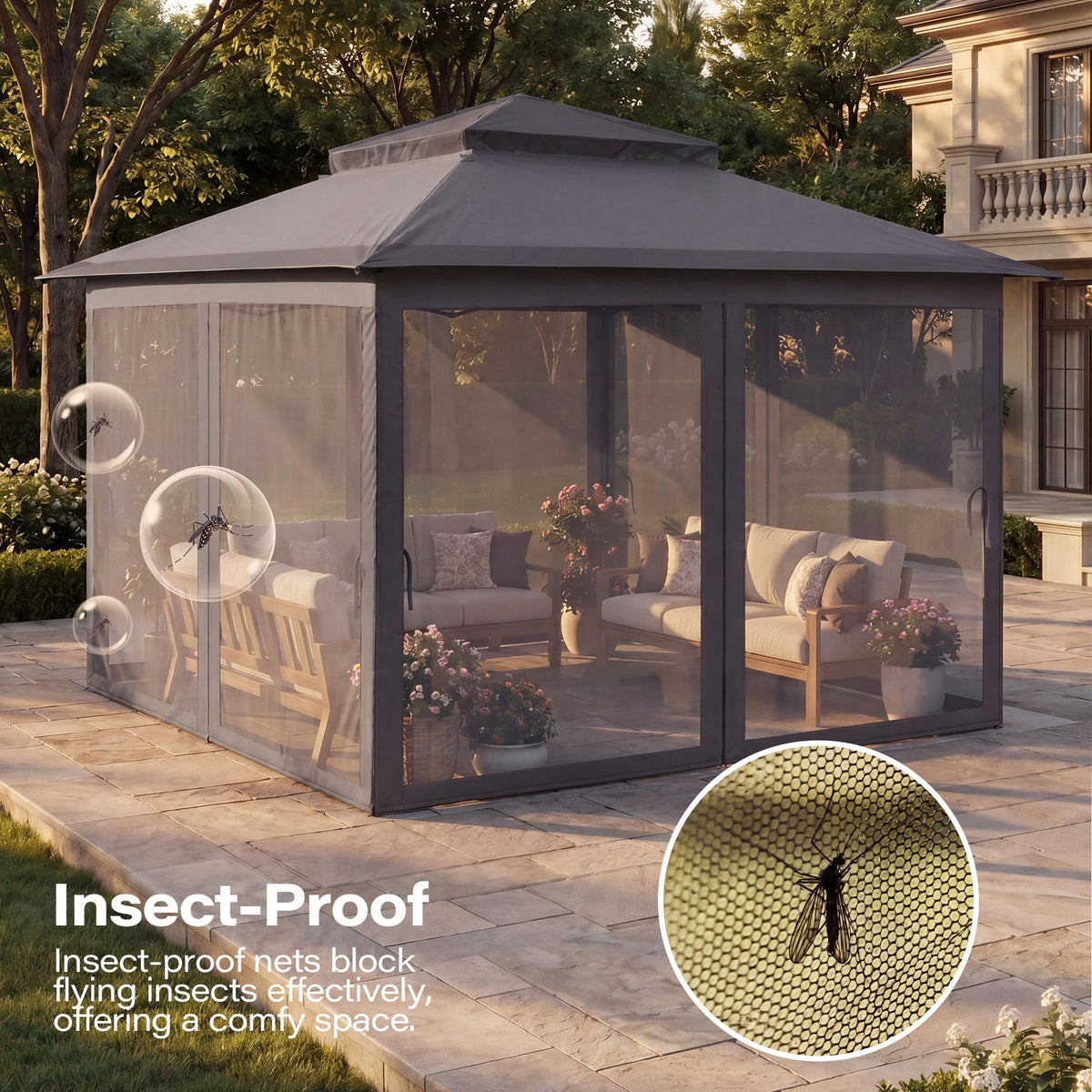 12x12 Pop Up Gazebo with Mosquito Netting and Sidewalls Grey Q1248